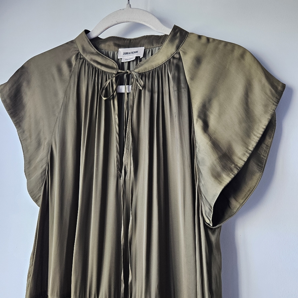 Zadug & Voltaire Rito Tiered Satin Olive Green Flutter Sleeve Dress - Picture 9 of 15